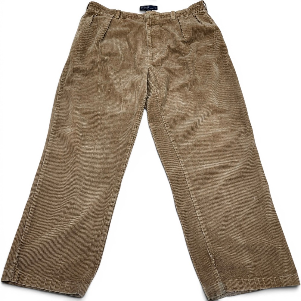 Vintage 90s Polo Ralph Lauren Andrew Pant Pleated Corduroy Trousers Tan 38x30